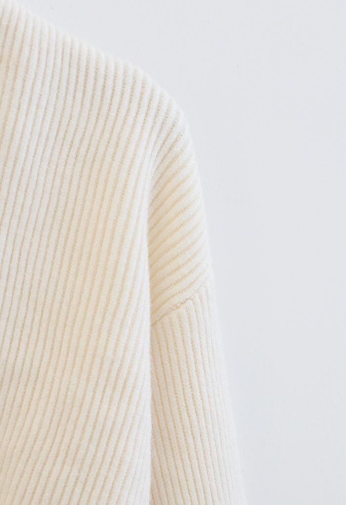 Ribbed Flare Sleeves Wrap Knit Top in Ivory
