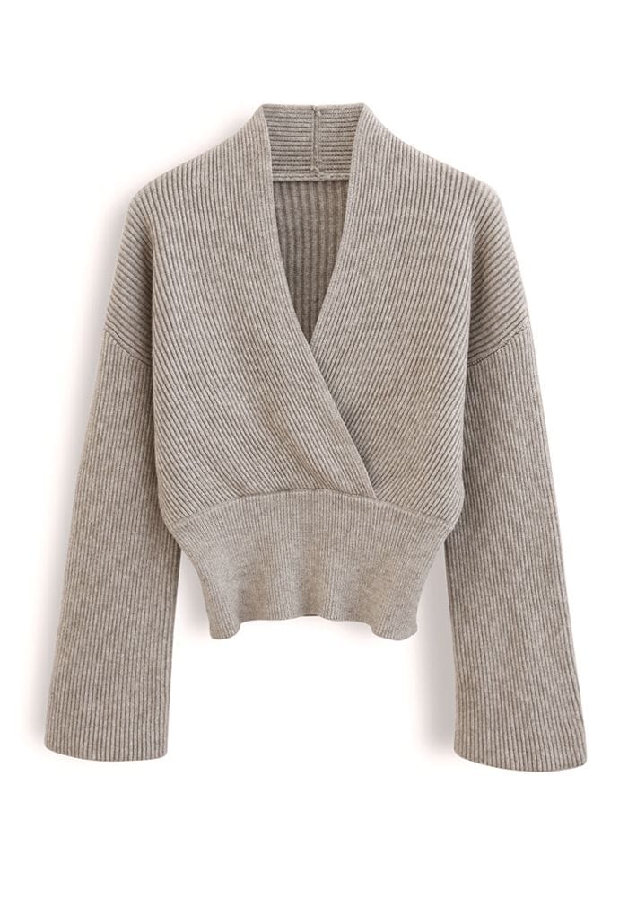 Ribbed Flare Sleeves Wrap Knit Top in Sand