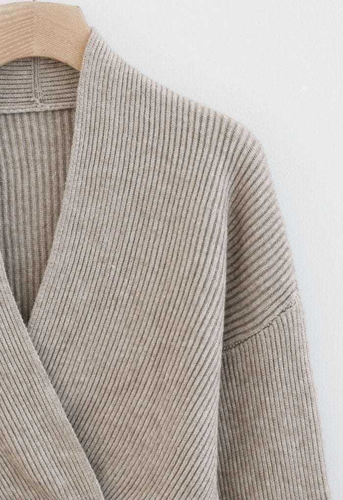 Ribbed Flare Sleeves Wrap Knit Top in Sand