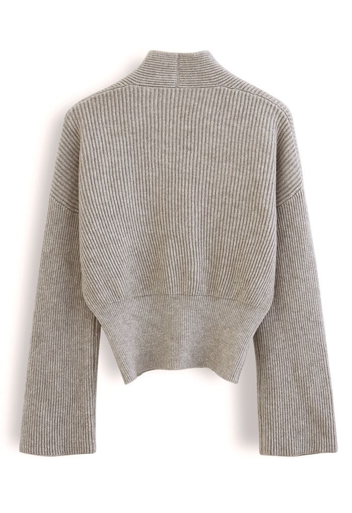 Ribbed Flare Sleeves Wrap Knit Top in Sand