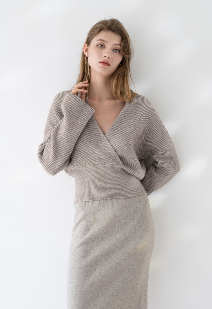 Ribbed Flare Sleeves Wrap Knit Top in Sand