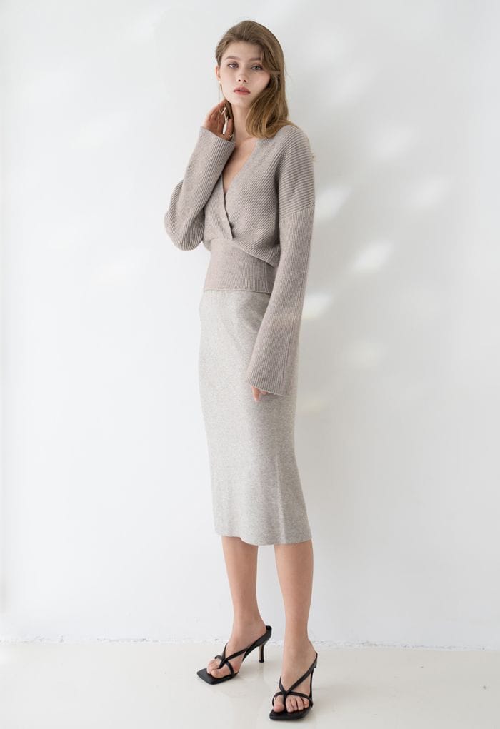 Ribbed Flare Sleeves Wrap Knit Top in Sand