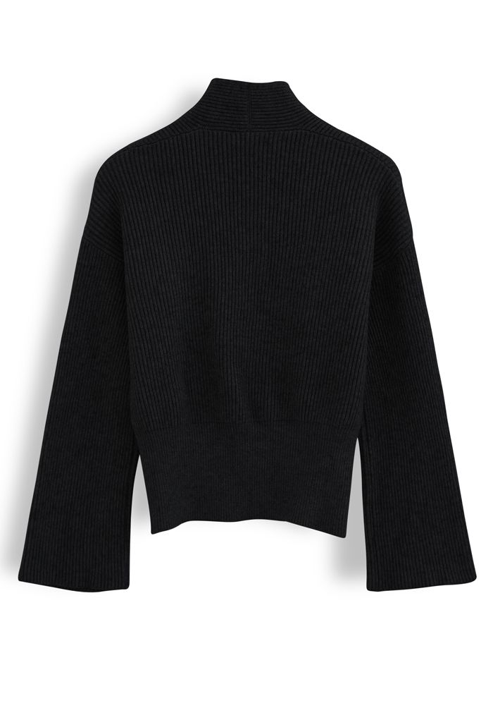 Ribbed Flare Sleeves Wrap Knit Top in Black