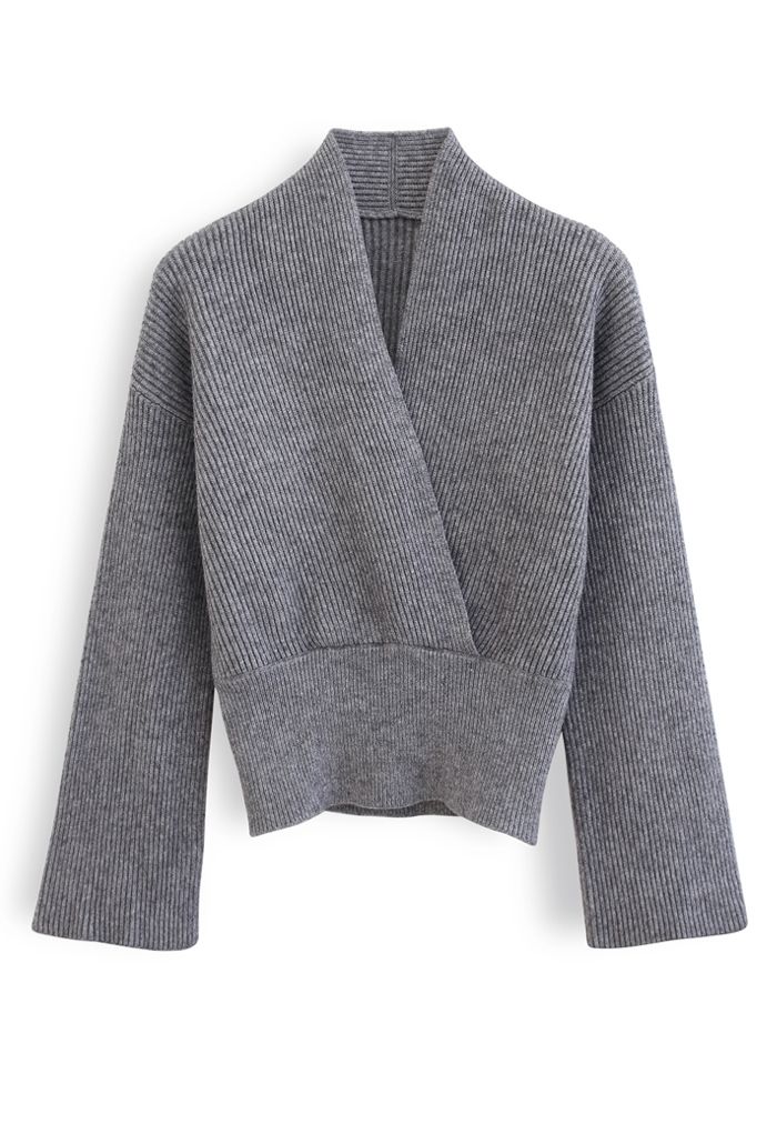 Ribbed Flare Sleeves Wrap Knit Top in Grey