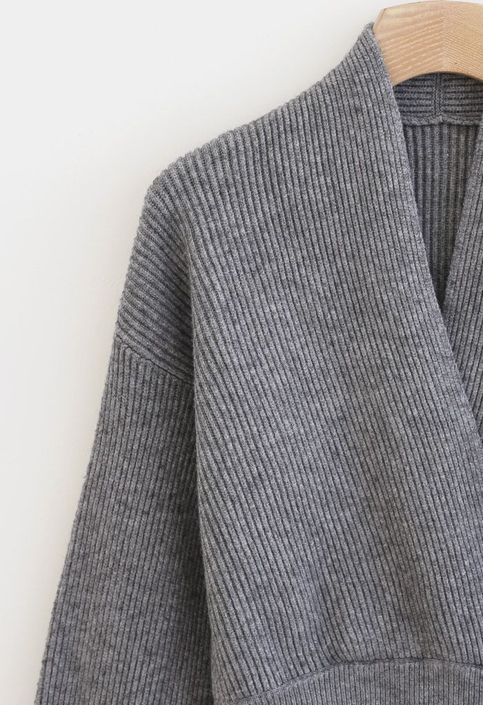 Ribbed Flare Sleeves Wrap Knit Top in Grey