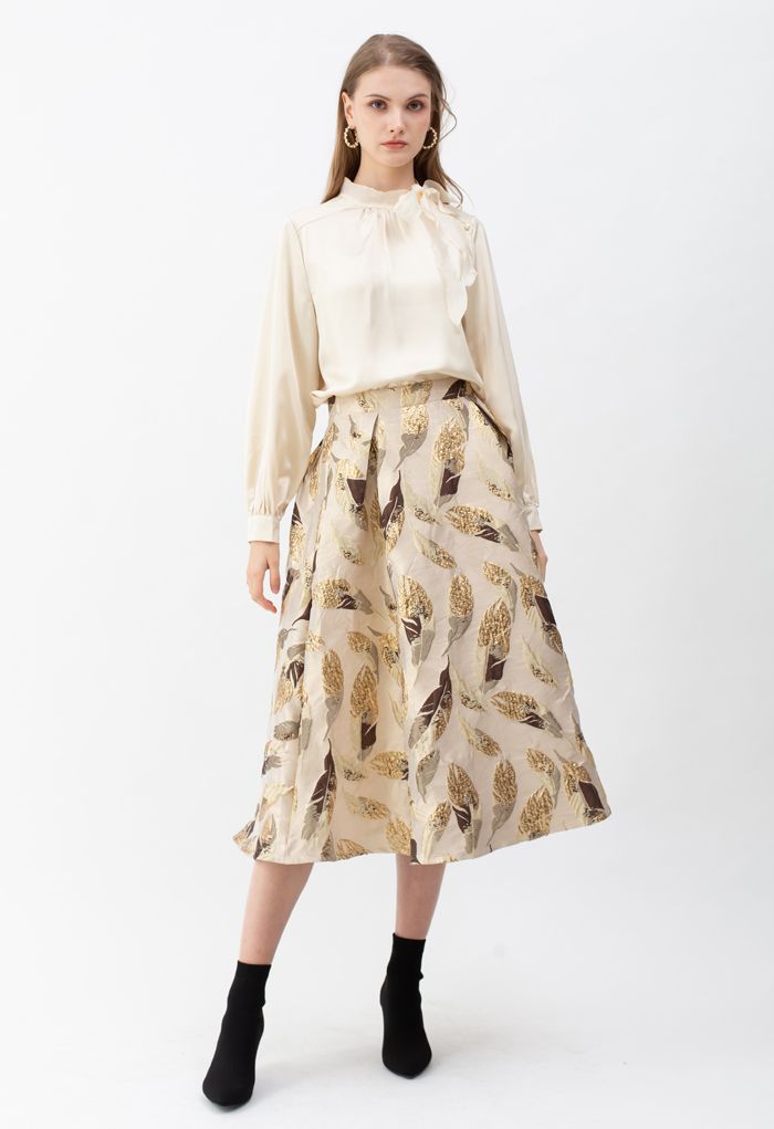 Golden Leaves Jacquard Midi Skirt