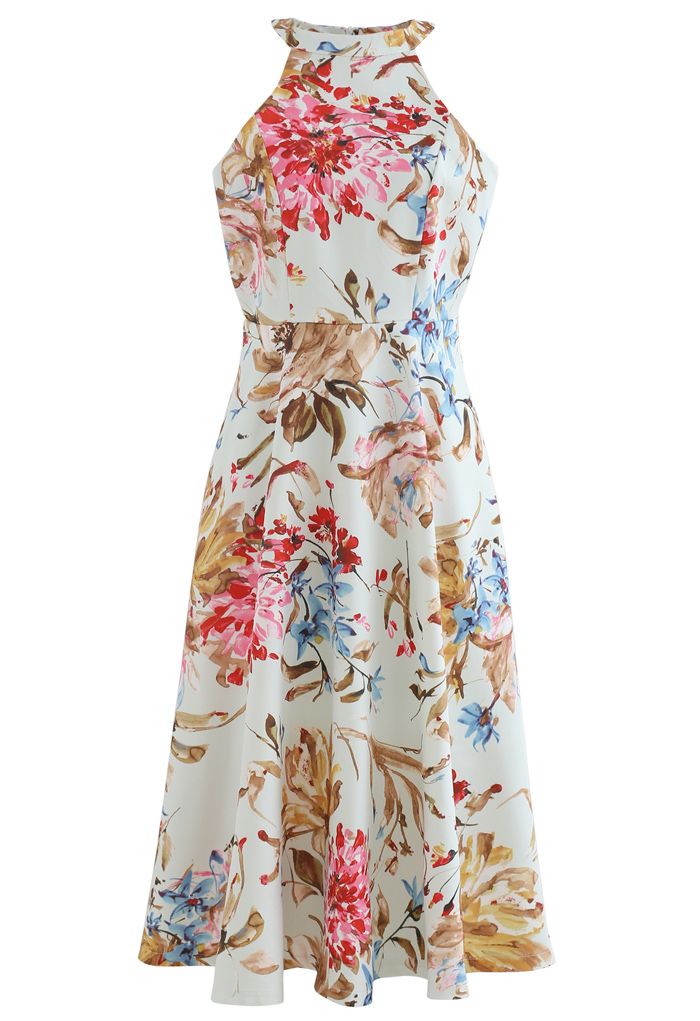 Gorgeous Floral Print Halter Neck Midi Dress in Pink