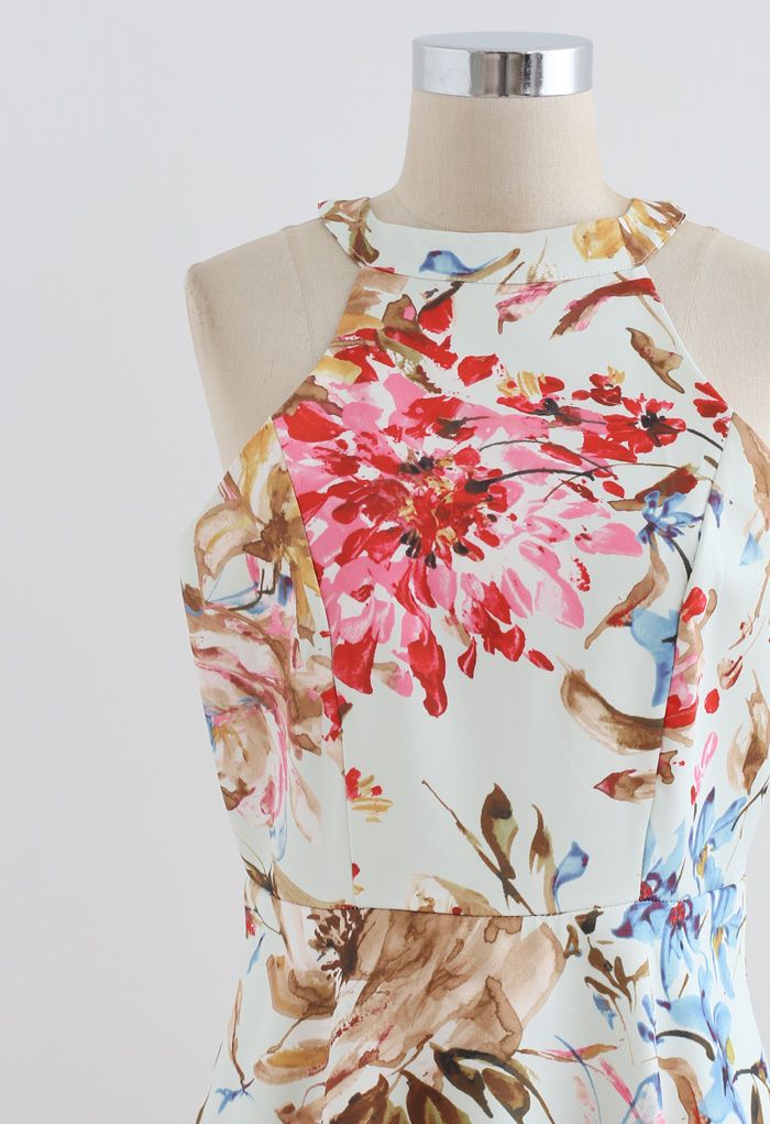 Gorgeous Floral Print Halter Neck Midi Dress in Pink