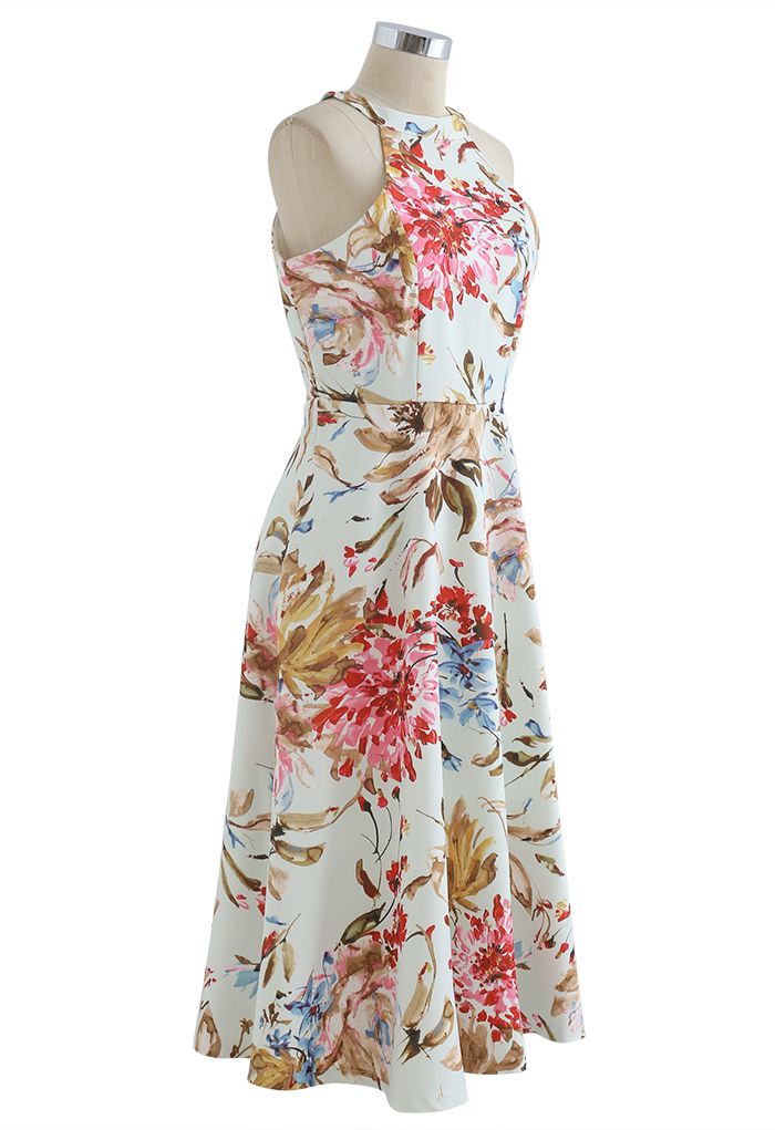 Gorgeous Floral Print Halter Neck Midi Dress in Pink