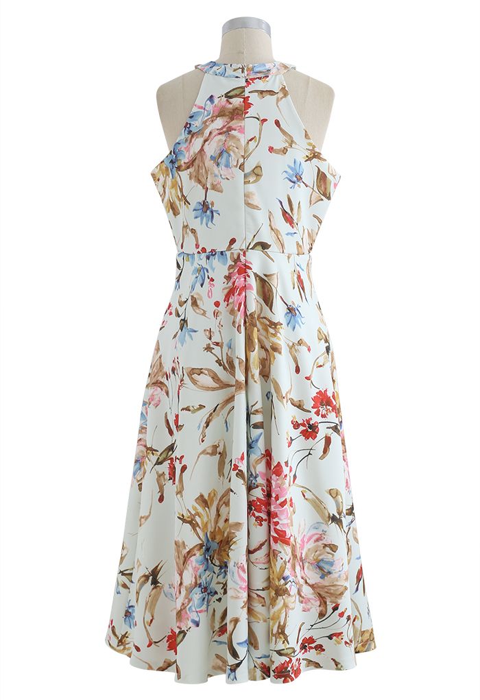 Gorgeous Floral Print Halter Neck Midi Dress in Pink