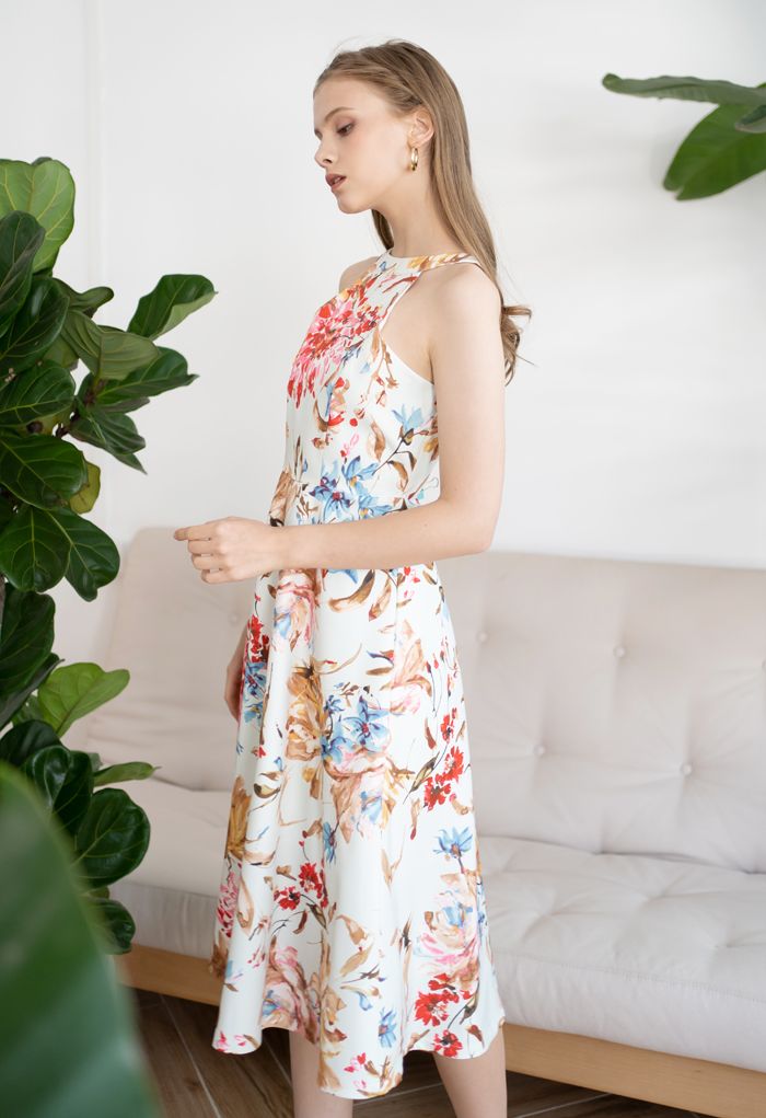 Gorgeous Floral Print Halter Neck Midi Dress in Pink