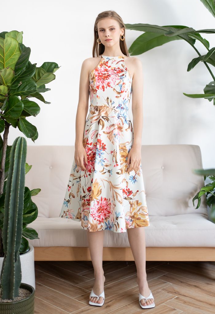 Gorgeous Floral Print Halter Neck Midi Dress in Pink