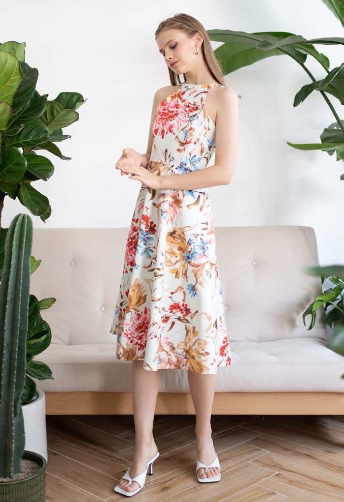 Gorgeous Floral Print Halter Neck Midi Dress in Pink