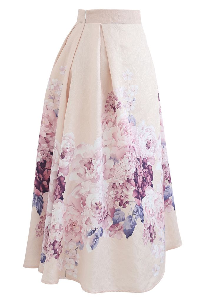 Lavender Peony Print Embossed Midi Skirt