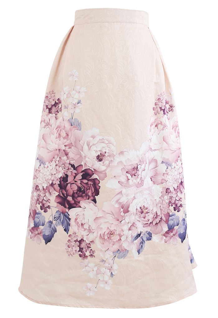 Lavender Peony Print Embossed Midi Skirt