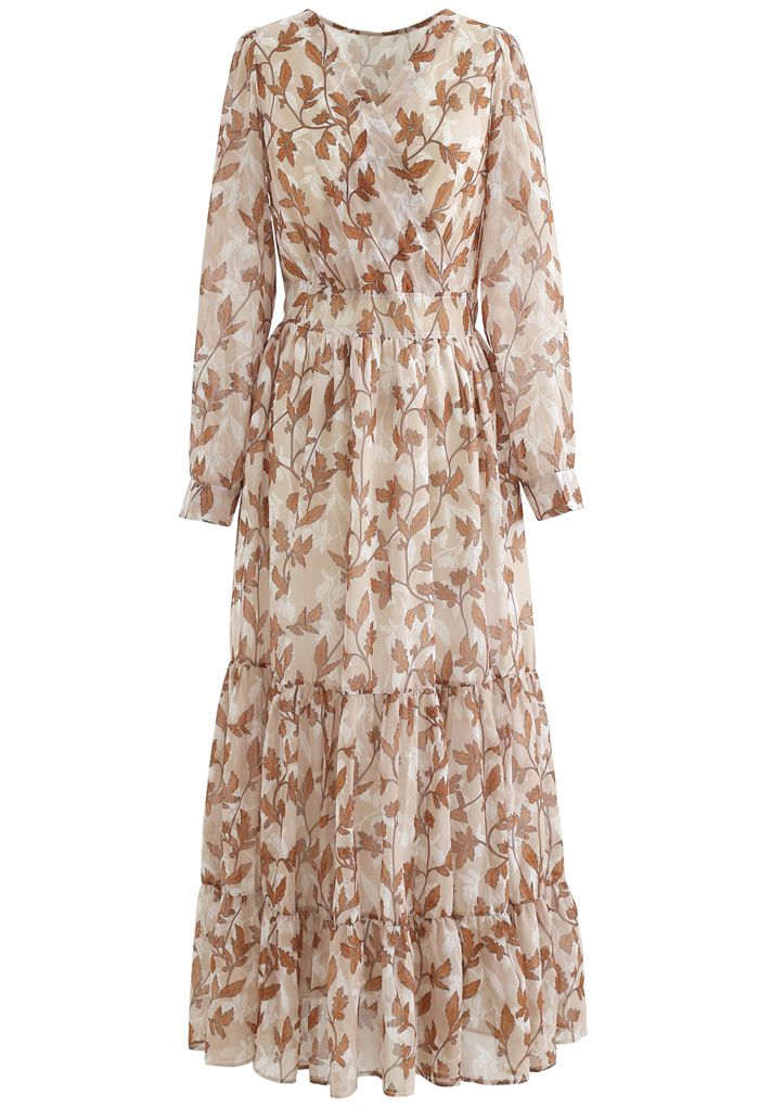 Fall Leaves Printed Wrapped Maxi Dress