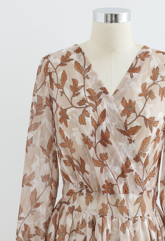 Fall Leaves Printed Wrapped Maxi Dress