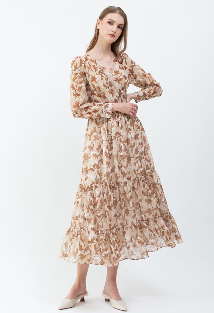 Fall Leaves Printed Wrapped Maxi Dress