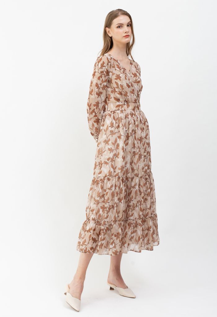 Fall Leaves Printed Wrapped Maxi Dress