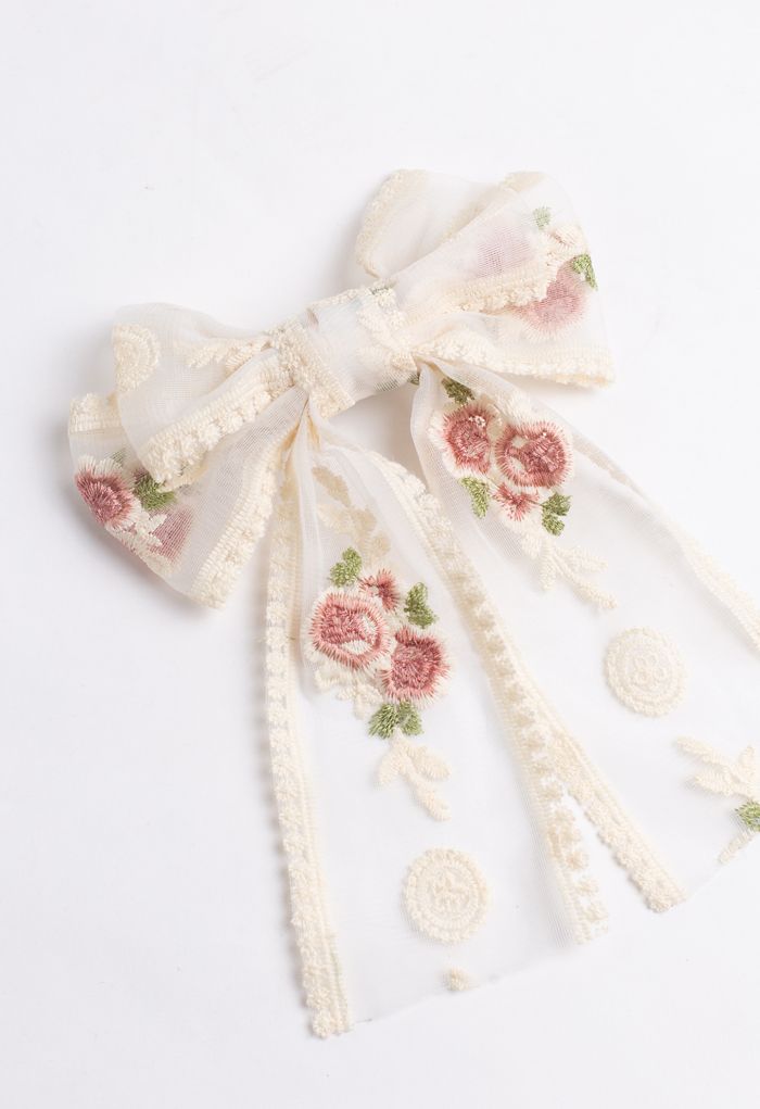 Embroidery Mesh Big Bow Barrette with Tail
