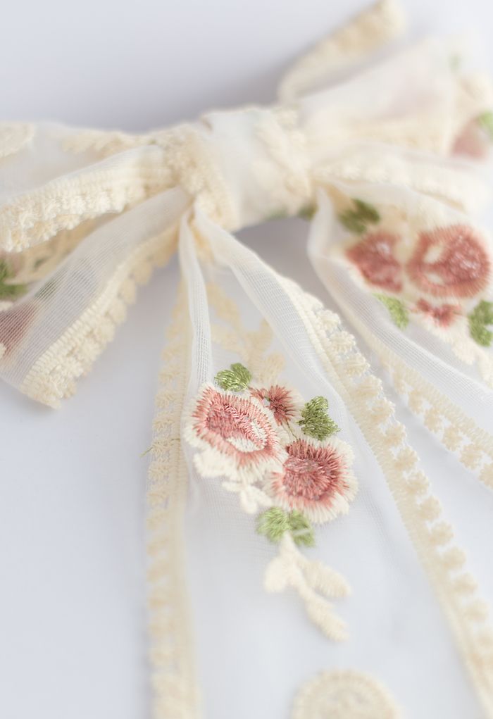 Embroidery Mesh Big Bow Barrette with Tail