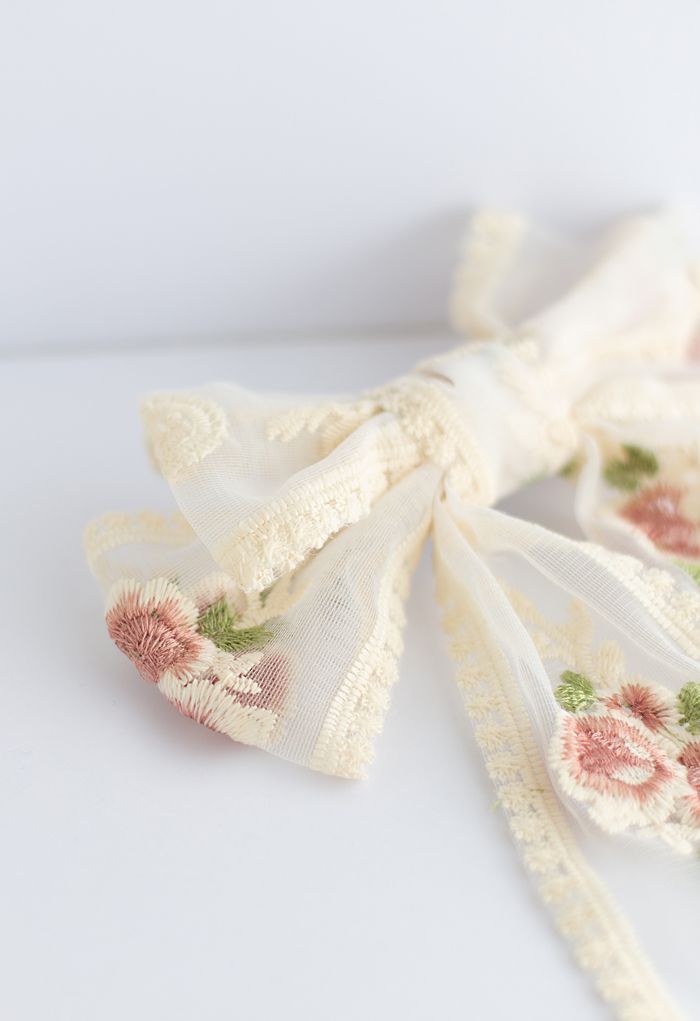 Embroidery Mesh Big Bow Barrette with Tail