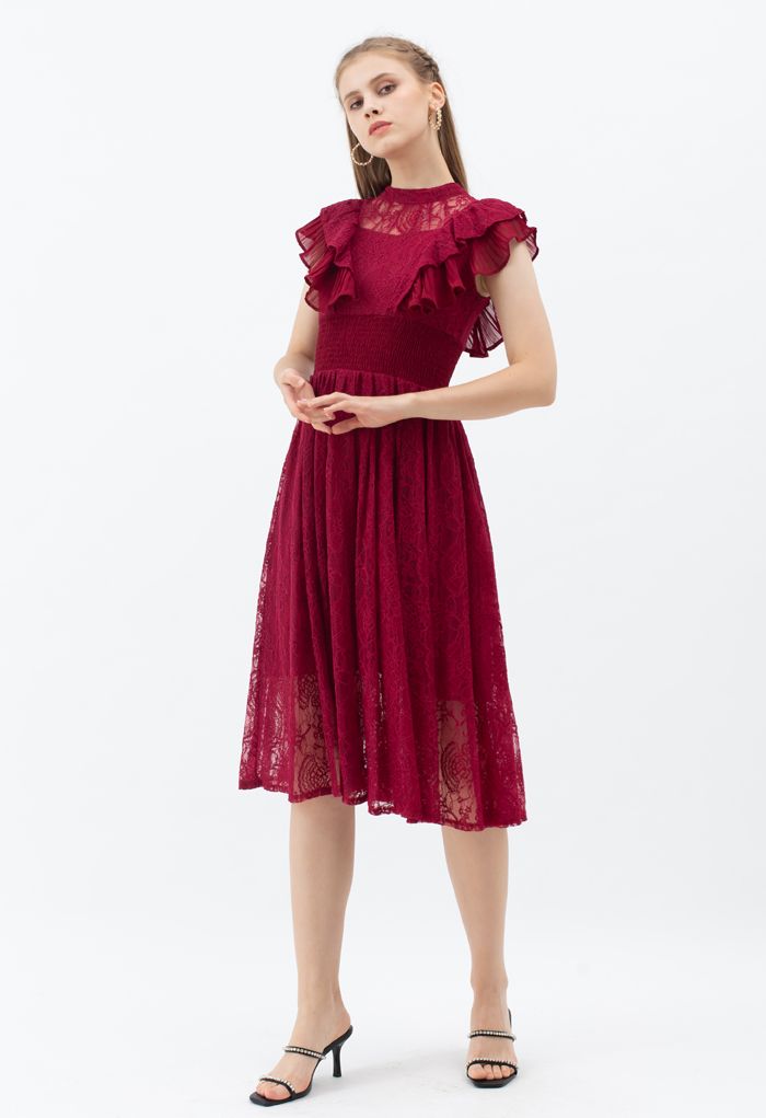 Tiered Ruffle Sleeveless Midi Lace Dress in Wine