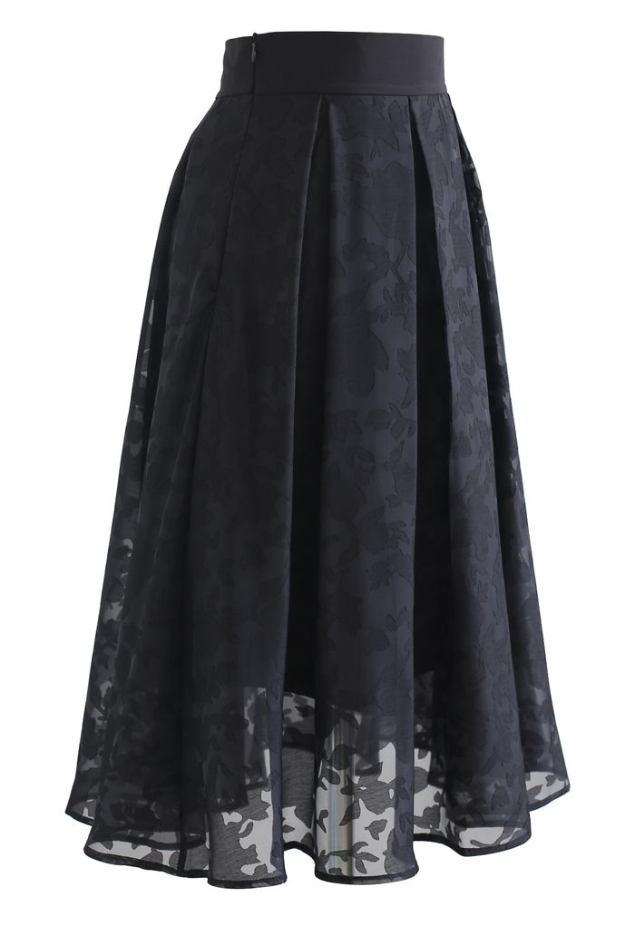 Flower Shadow Organza Pleated Skirt in Black