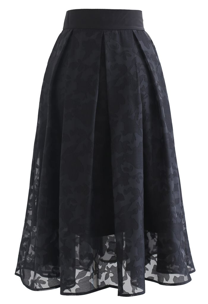 Flower Shadow Organza Pleated Skirt in Black