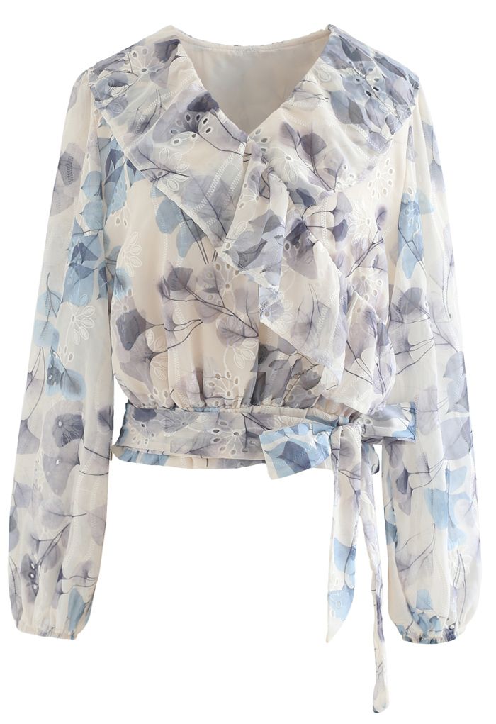 Flower Print Tie Waist Ruffle Semi-Sheer Top