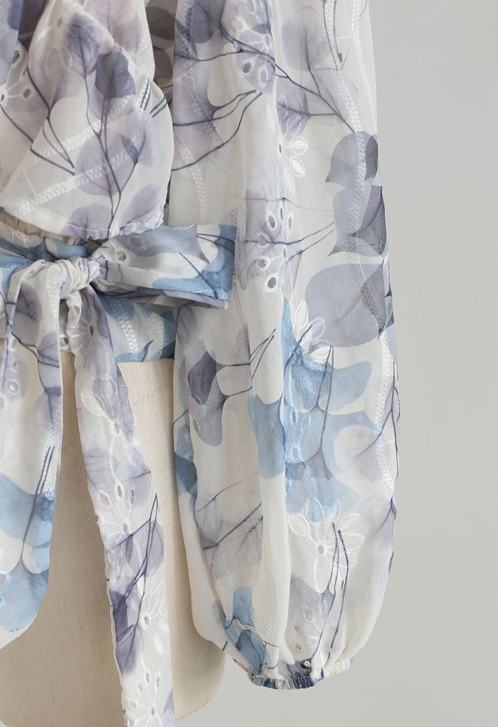Flower Print Tie Waist Ruffle Semi-Sheer Top