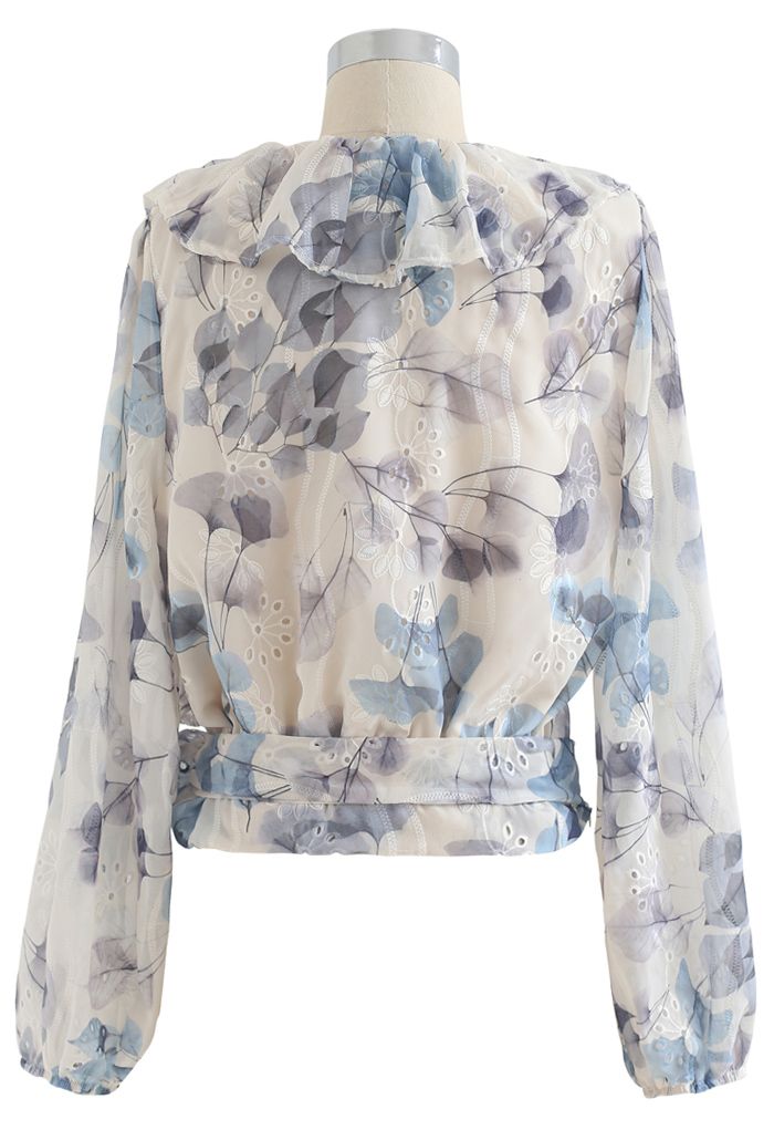 Flower Print Tie Waist Ruffle Semi-Sheer Top