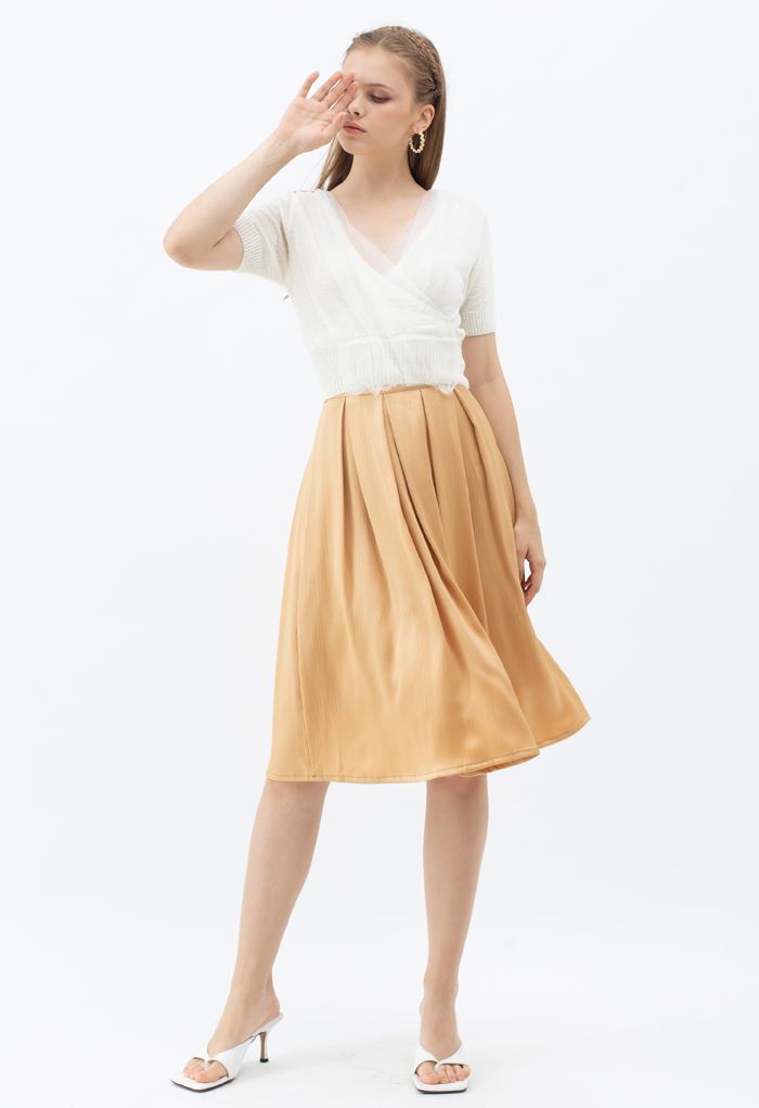 Mesh Overlay Wrap Crop Knit Top in White