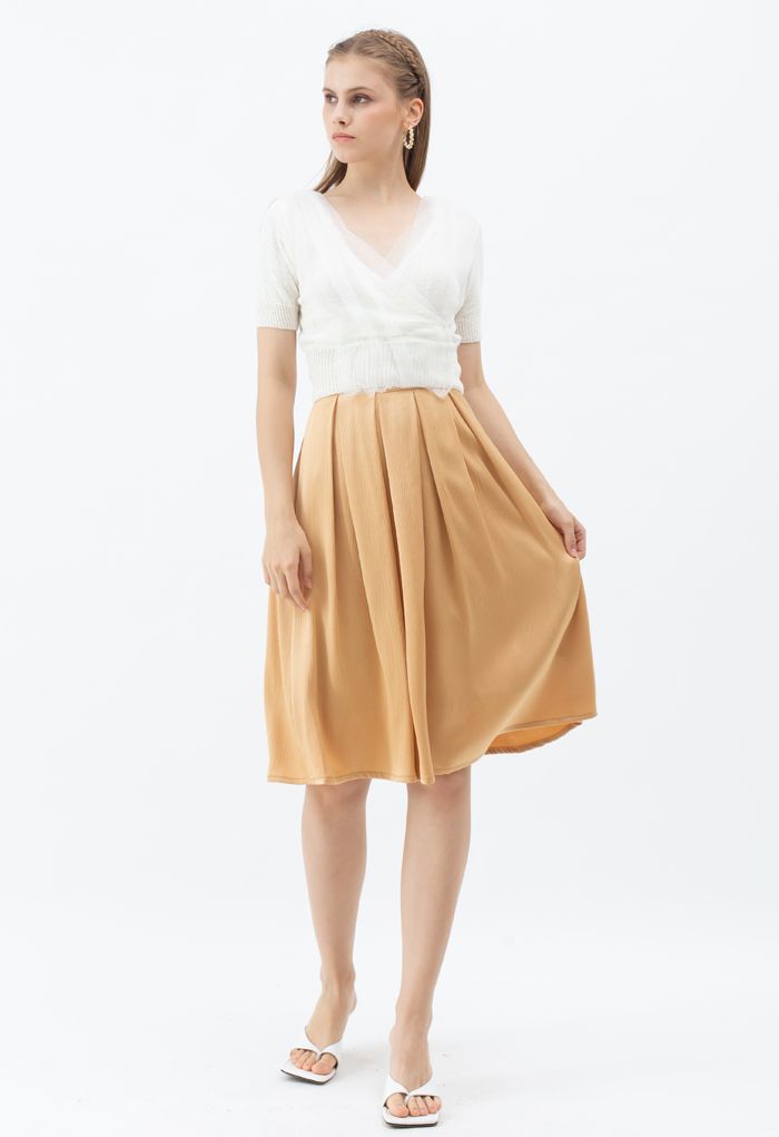 Mesh Overlay Wrap Crop Knit Top in White