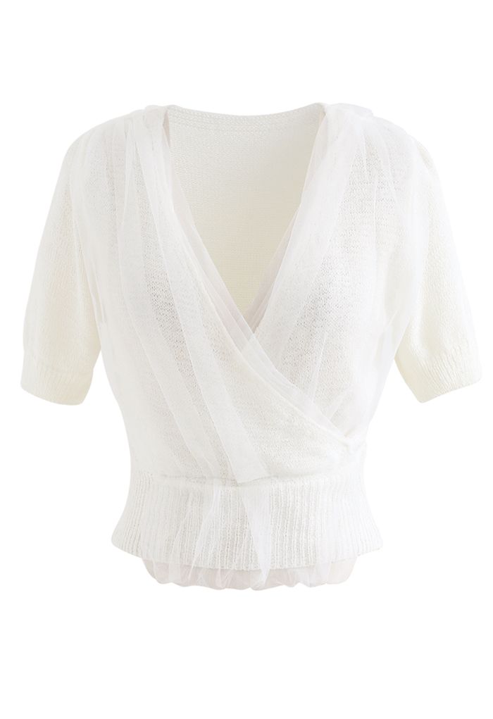 Mesh Overlay Wrap Crop Knit Top in White