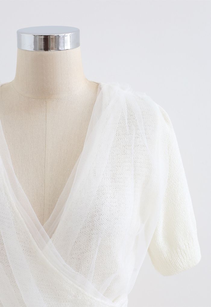 Mesh Overlay Wrap Crop Knit Top in White