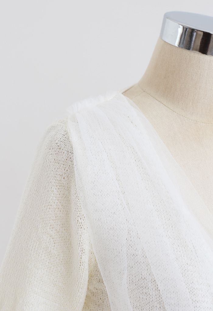 Mesh Overlay Wrap Crop Knit Top in White
