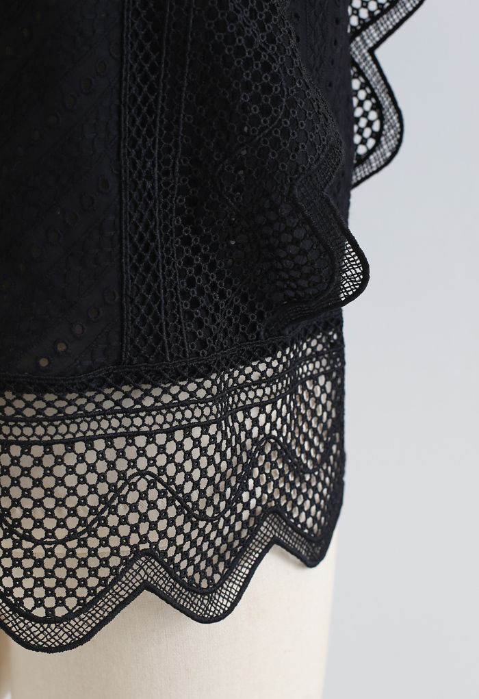 Wavy Lace Eyelet Embroidered Sleeveless Shirt in Black
