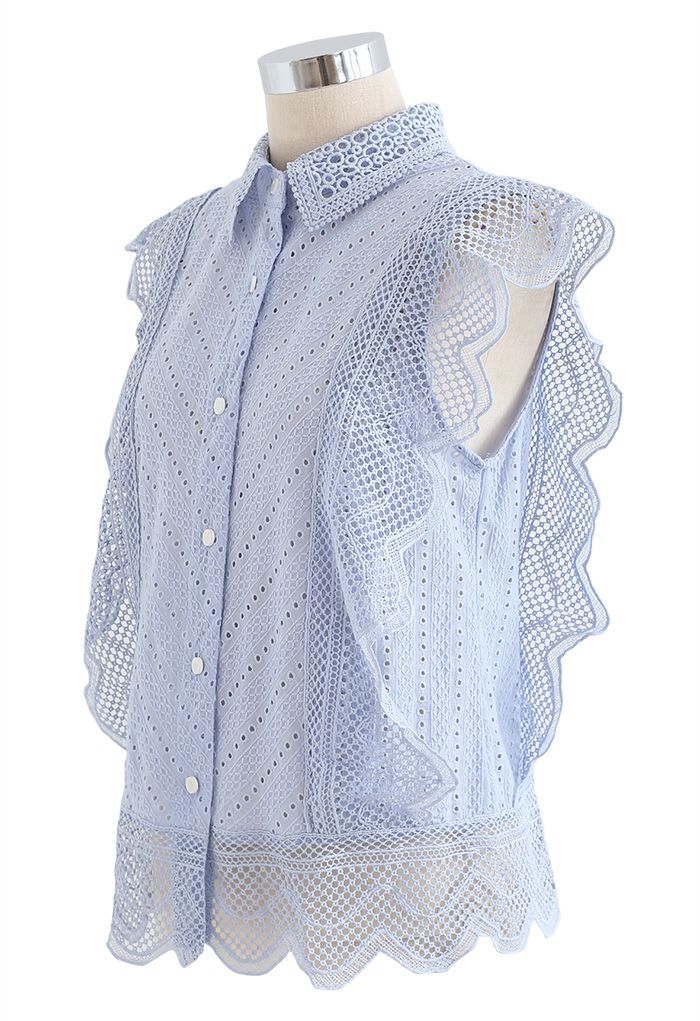 Wavy Lace Eyelet Embroidered Sleeveless Shirt in Blue