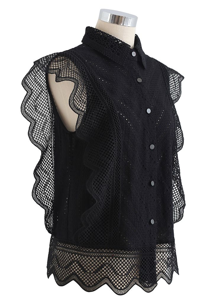 Wavy Lace Eyelet Embroidered Sleeveless Shirt in Black