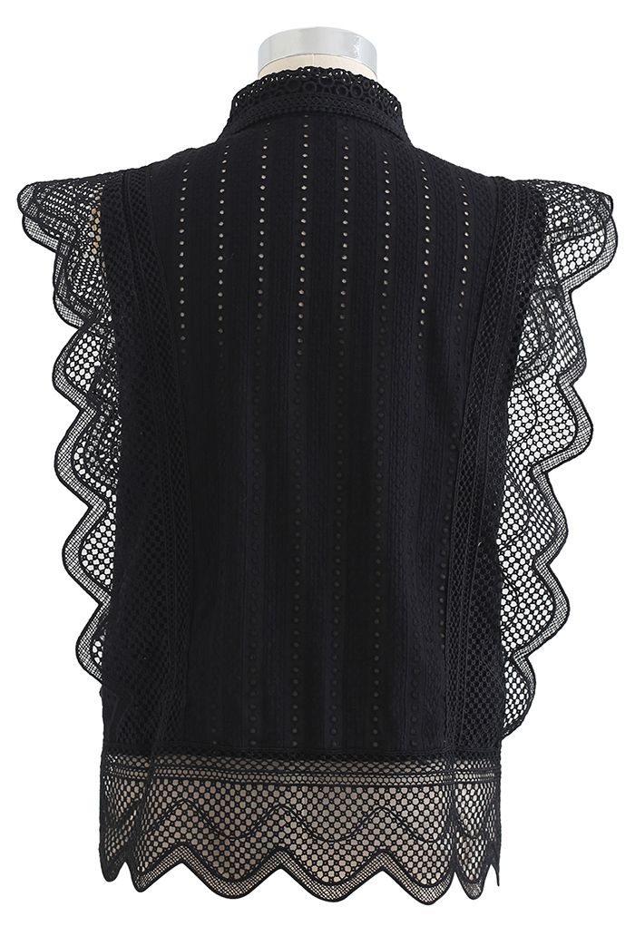 Wavy Lace Eyelet Embroidered Sleeveless Shirt in Black