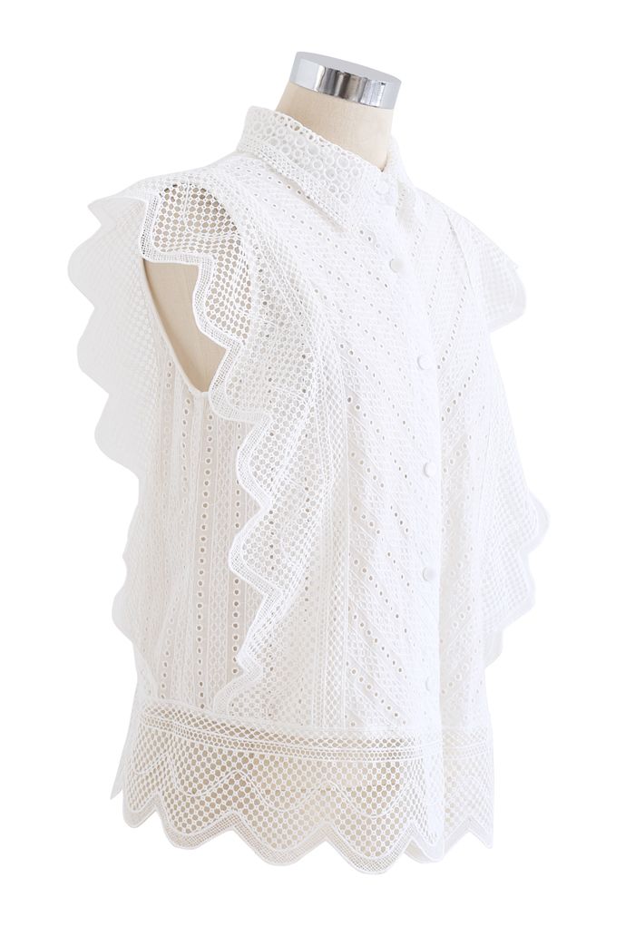 Wavy Lace Eyelet Embroidered Sleeveless Shirt in White