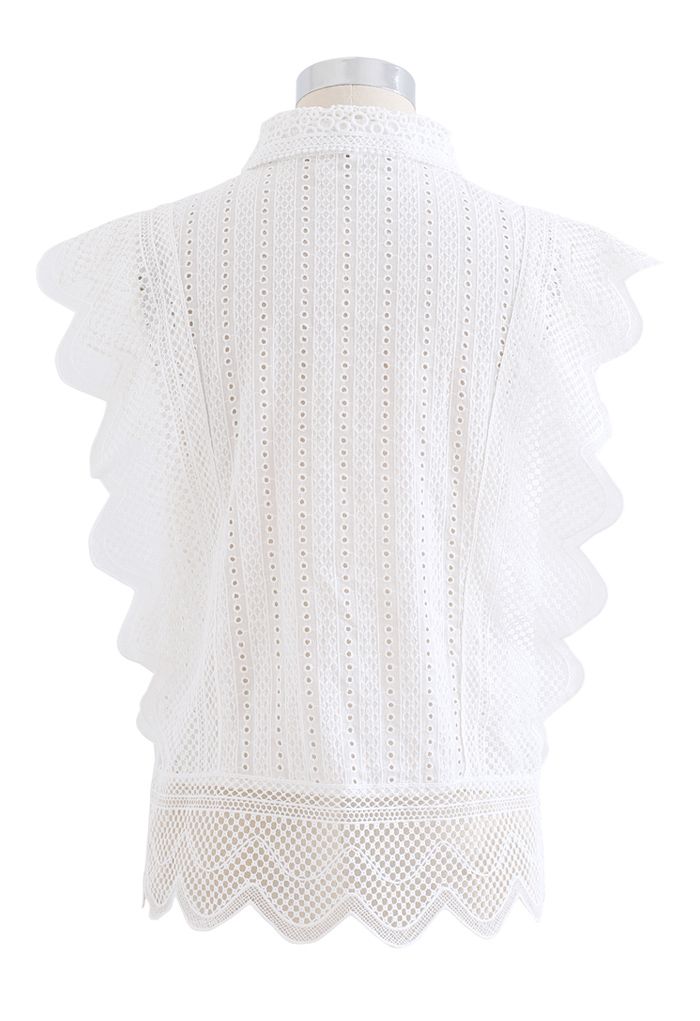 Wavy Lace Eyelet Embroidered Sleeveless Shirt in White