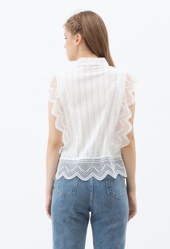 Wavy Lace Eyelet Embroidered Sleeveless Shirt in White