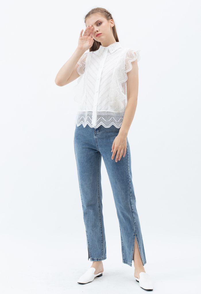 Wavy Lace Eyelet Embroidered Sleeveless Shirt in White