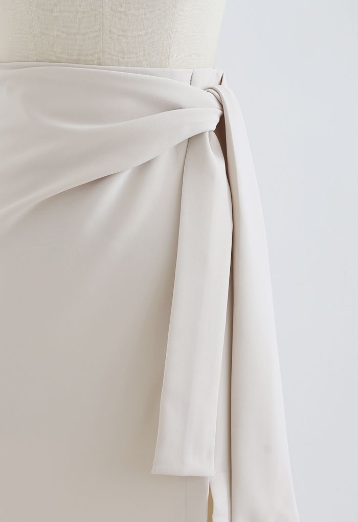 Tie Waist Front Split Pencil Skirt in Cream