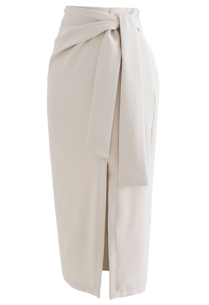 Tie Waist Front Split Pencil Skirt in Cream