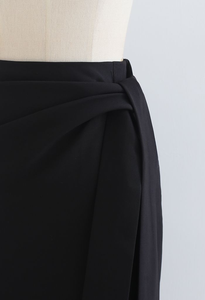 Tie Waist Front Split Pencil Skirt in Black