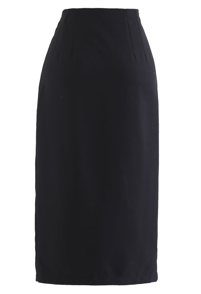 Tie Waist Front Split Pencil Skirt in Black