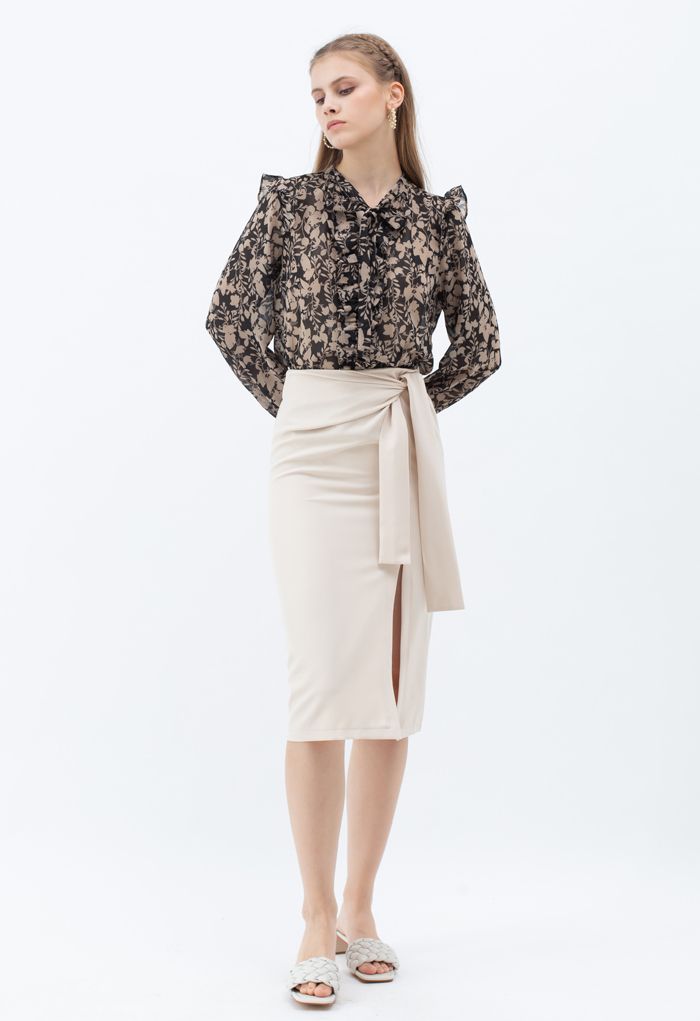 Tie Waist Front Split Pencil Skirt in Cream